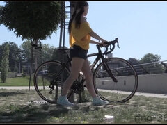 Young euro babe flashing tits outdoors in public space - voyeur fetish