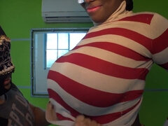 Ebony mature wife with monster tits gives homemade POV blowjob