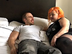 Tattooed BBW with orange hair jizzed on tits after deepthroat