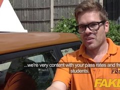 Fake Driving School Posh busty platinum-blonde examiner romps and swallows in point of view