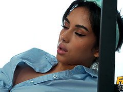 Super hot sultry petite brunette sneaks into room to share a bed with masturbating guy