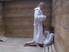 Young bitch sucks cock in sauna and gets fucked standing up