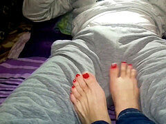 My roommate jizzes 2 times, while I played with his cock (footjob)