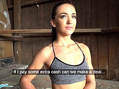 Hot fitness babe in tight yoga pants shows her big ass for cash and fucks a big dick