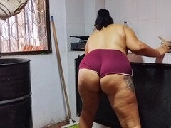 Plump Latina with a massive booty enjoys being watched while cleaning - authentic homemade