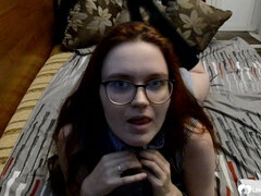 Smoking nerdy babe playing with her love tunnel