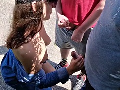 In the parking lot, two strangers masturbate and cum on their tits, handjob in public