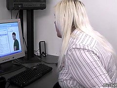 Blonde plumper takes it from behind in the office