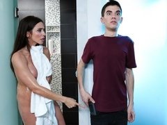 Badkamer, Grote kont, Bruinharig, Rondborstig, Harig, Reusachtig, Tieten likken, Bekijker