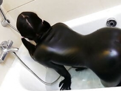 デカ尻, 女, グローブ, ゴム, レザー, オーガズム, ゴムタイツ, シャワー
