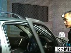 Busty blonde in lingerie and stockings bribes the parking police