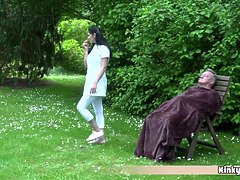 Gipsy teen nurse Ava Black with big natural boobs is a cock addict slut so one day she seduces and fucks her old patient in the garden First she lets