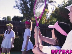 Dark haired tennis babes fed cum point of view after fucking foursome