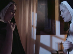 Dirty nuns in wimples and stockings secretly practice cunnilingus