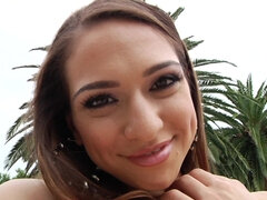 A small tits babe gets naked outside and then she sucks dick