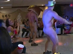 Several amateur chicks stroke dick of athletic stripper on party