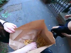 Public Double Handjob at McDonald's - Risky Teen Threesome with Big Boobs & Big Ass