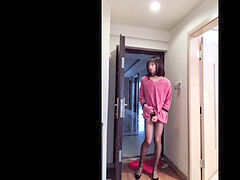 Enthousiasteling, Aziatisch, Ladyboy, Masturbatie, Shemale, Alleen, Tiener, Tieten likken