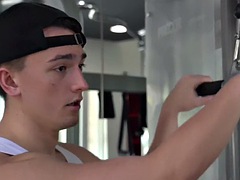 Muscled gym barebacks oiled up stud after massage
