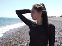 Plage, Brunette brune, Masturbation, Public