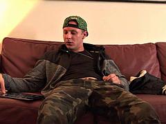 Inhibited   teen strips off his clothes at casting and starts jerking his cock until he squirts