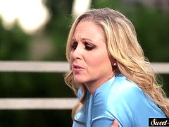 Stepmom with huge tits seduces stepson with her seductive skills and blowjob skills