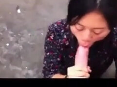 Asian girlfriend massive beefstick outdoor fellatio  facial cumshot