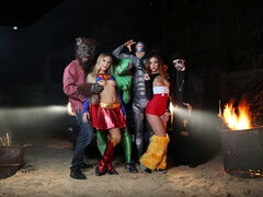 Halloween fuck scene showing two perfect babes