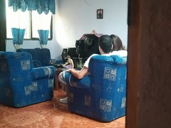 My step sister thinks no one is home and she fucks her boyfriend in the living room. I'll show the video to our parents