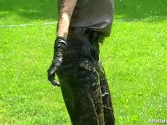 Фетиш, Перчатки, Каблуки, Кожа, На природе, Атлас, Влажная, Реслинг