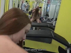 Redhead teen gets hard training in gym & sucks for cash in POV