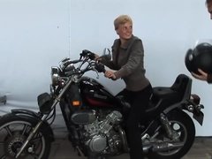Short-Haired Biker Blonde Girl Licks Very Crooked Penis