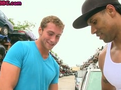 Ebony tattooed jock gets pounded in the ass outdoors in a public location