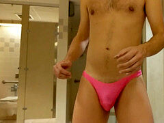 super hot dude shows off his wet watch through thong bulge in public locker room
