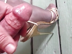 preparing to squirt on my wifes golden sandals