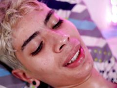 Horny slim latino twink jerking his big cock with oil until he releases a big thick cum load in slow motion