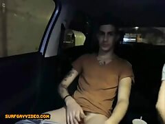 Car fun for two guys who lick ass and help jerk off and then a bareback fuck