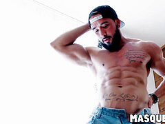 tatted hairy man reaching a full potential with fake arse machin