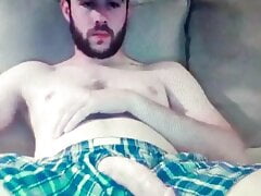 Straight bearded guy shows his massive flaccid cock in short