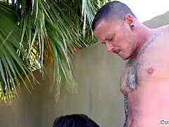 anally barebacked hairy man rides man sausage outdoors