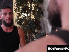 HotFamilyPorn.com - Tattooed jock bareback fuck his hunk stepdad deep hole hard