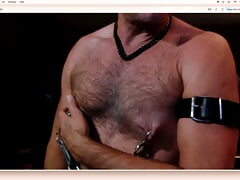 Gay Nipple Daddy Pig clamps nips flexes and wanks