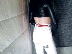 CD in white jeans and leather jacket tease crossdresser