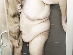 Hairy bear bottom breeding the shower with his chub