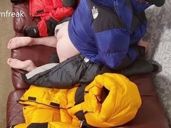 Humping North Face jackets on a leather bed for some wild fun