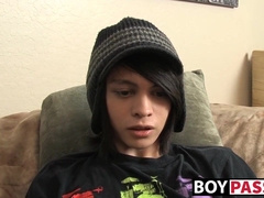 Skinny twink Roxy stuffs dildo and wanks off after interview