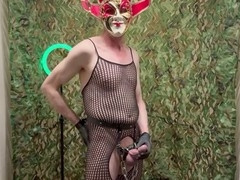 Solo fun in a bodystocking with a string of man meat