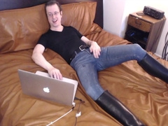 I spunk in my denim and tall shoes observing pornography on my leather sofa