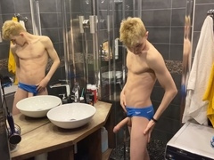 Steamy bathroom jerk-off session with a group of horny twunks
