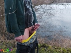 Gay outdoor sex toy experience with handsfree satisfaction